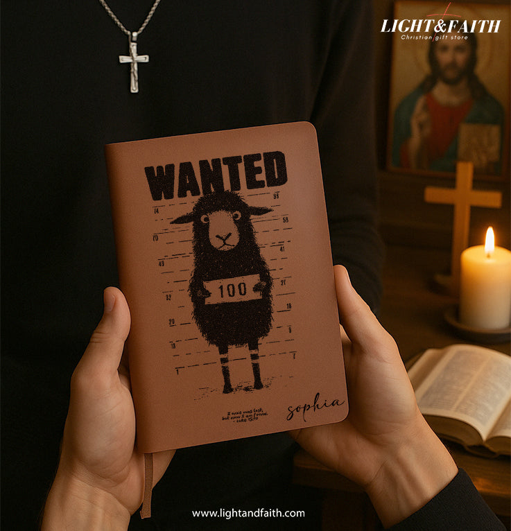 Personalized Christian Journal with "Wanted Lost Sheep" Design, Custom Name Prayer & Faith Notebook, Religious Gift, First Communion Gifts, Birthday. NBLAF19